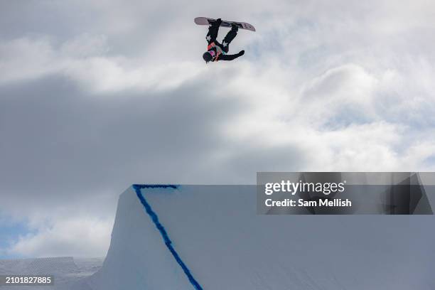 Katie Ormerod of Great Britain in Women's Snowboard training during the FIS Freeski & Snowboard World Cup on March 21, 2024 in Silvaplana,...