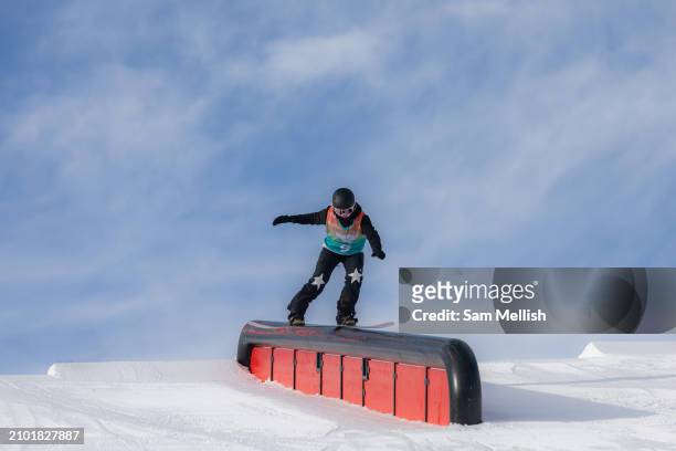 Katie Ormerod of Great Britain in Women's Snowboard training during the FIS Freeski & Snowboard World Cup on March 21, 2024 in Silvaplana,...