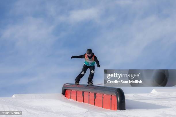 Katie Ormerod of Great Britain in Women's Snowboard training during the FIS Freeski & Snowboard World Cup on March 21, 2024 in Silvaplana,...