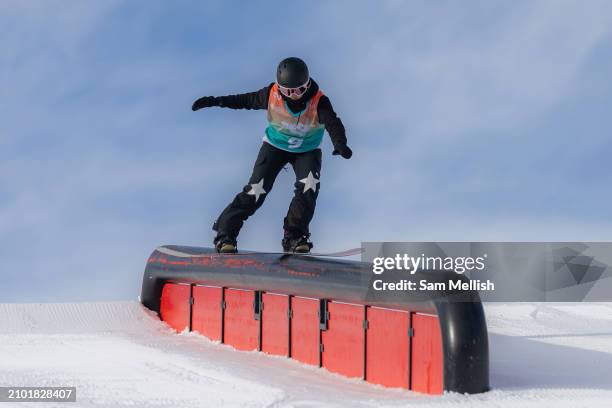 Katie Ormerod of Great Britain in Women's Snowboard training during the FIS Freeski & Snowboard World Cup on March 21, 2024 in Silvaplana,...