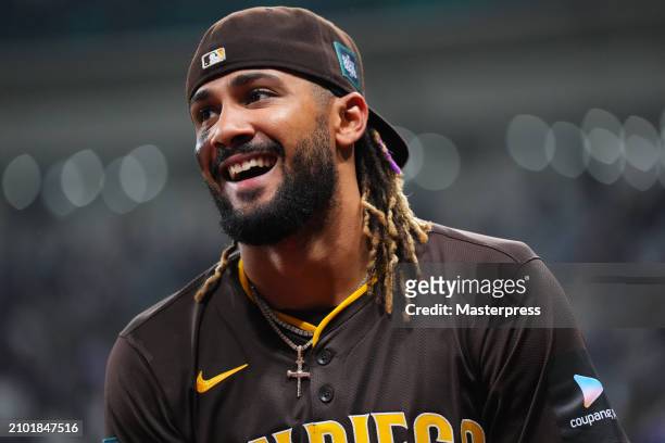 Fernando Tatis Jr. #23 of the San Diego Padres celebrates the team's 15-11 victory in the 2024 Seoul Series game between San Diego Padres and Los...