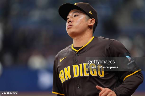 Yuki Matsui of the San Diego Padres reacts after allowing a RBI single to Will Smith in the 7th inning during the 2024 Seoul Series game between San...