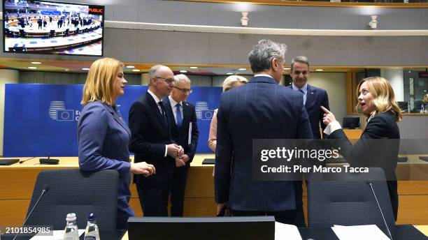 Italian Prime Minister Giorgia Meloni attends and European Council Meeting on March 21, 2024 in Brussels, Belgium. According to the Council's agenda,...