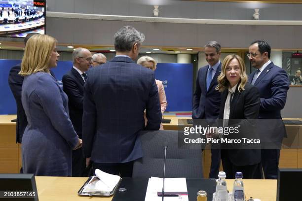 Italian Prime Minister Giorgia Meloni attends and European Council Meeting on March 21, 2024 in Brussels, Belgium. According to the Council's agenda,...