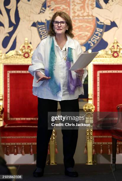 Actress Frances Tomelty during a spoken word performance, part of the Northern Ireland: Poets and Their Place, an event attended by Queen Camilla,...