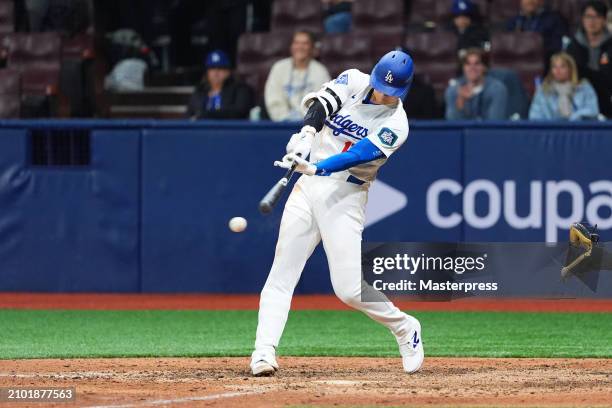 Shohei Ohtani of the Los Angeles Dodgers grounds out in the 8th inning during the 2024 Seoul Series game between San Diego Padres and Los Angeles...