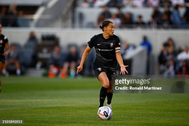Ali Riley of Angel City FC in the first half at BMO Stadium on March 17, 2024 in Los Angeles, California.