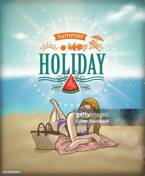 ilustraciones, imágenes clip art, dibujos animados e iconos de stock de hermoso día de verano - bolsa de playa