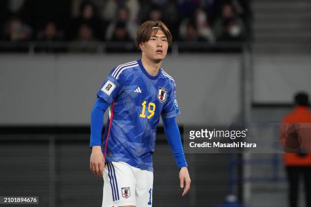 Koki Ogawa of Japan looks on during the FIFA World Cup Asian 2nd qualifier match between Japan and North Korea at National Stadium on March 21, 2024...