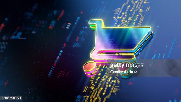 leuchtendes warenkorbsymbol auf digitalem hintergrund. evolution des online-shoppings. futuristische einkaufswagen-ikone in der welt des technologischen fortschritts und der innovation. cgi-3d-rendering - online shopping stock-fotos und bilder