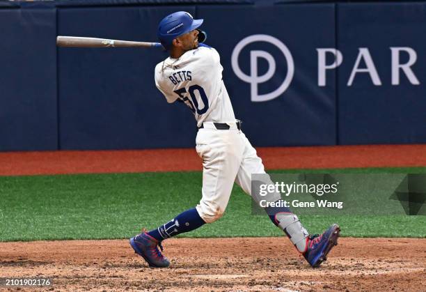 Mookie Betts of Los Angeles Dodgers hits a homerun in the bottom of the fifth inning during the 2024 Seoul Series game between Los Angeles Dodgers...