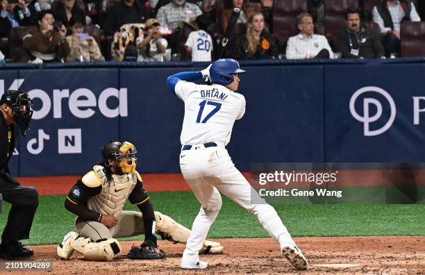 Shohei Ohtani of Los Angeles Dodgers at bat during the 2024 Seoul Series game between Los Angeles Dodgers and San Diego Padres at Gocheok Sky Dome on...