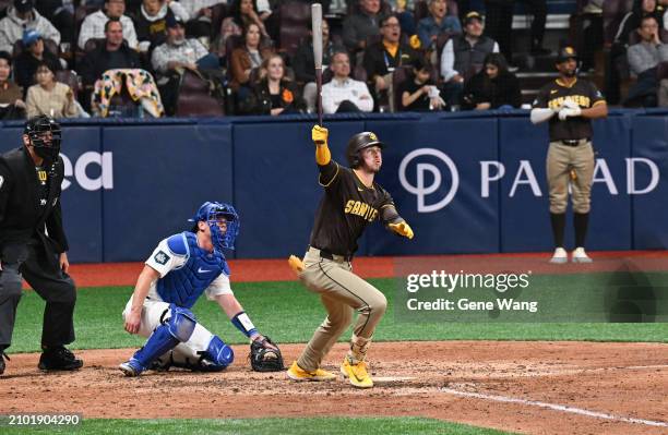 Jackson Merrill of San Diego Padres hits a single in the top of the third inning during the 2024 Seoul Series game between Los Angeles Dodgers and...