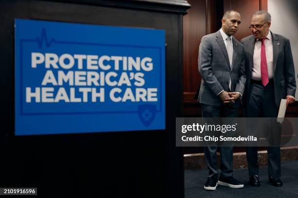 Senate Majority Leader Charles Schumer talks with House Minority Leader Hakeem Jeffries while attend an event to mark the 14 anniversary of the...