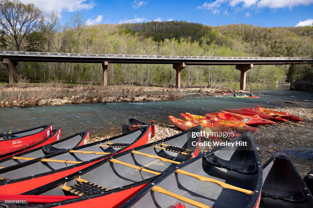Canoes and kayaks on the Buffalo National River in Arkansas
