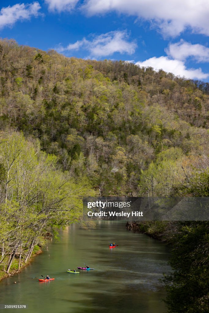 Canoers and kayakers on the Buffalo National River in Ponca, Arkansas