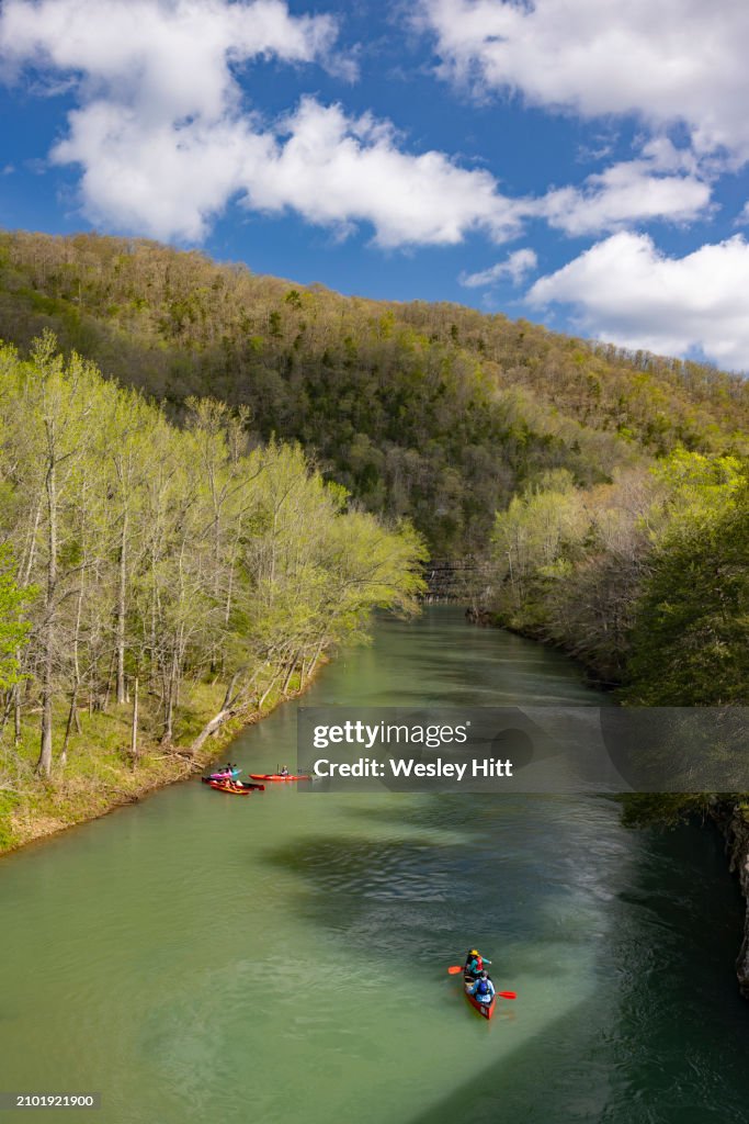 Canoers and kayakers on the Buffalo National River in Ponca, Arkansas