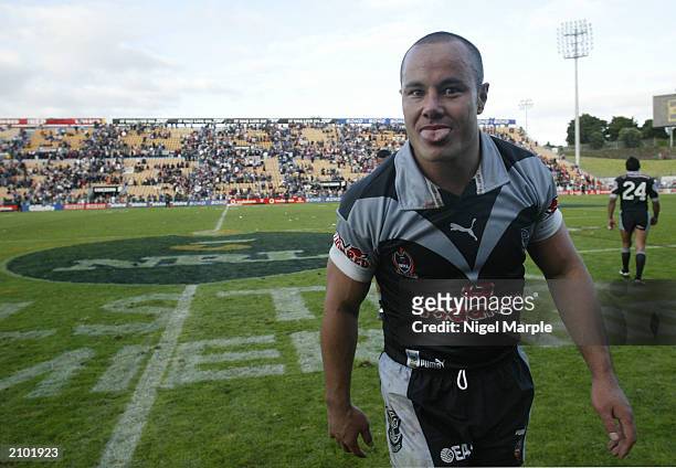 Warrior Monty Betham pokes his tongue out Maori style after the round 15 NRL match between the New Zealand Warriors and the Canberra Raiders at...