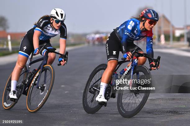 Lisa Van Helvoirt of The Netherlands and VolkerWessels Women's Pro Cycling Team and Alessia Vigilia of Italy and Team FDJ - SUEZ attack during the...