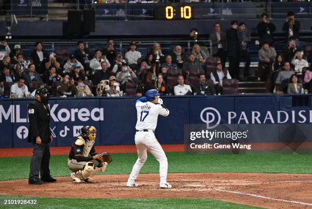 Shohei Ohtani of Los Angeles Dodgers at bat during the 2024 Seoul Series game between Los Angeles Dodgers and San Diego Padres at Gocheok Sky Dome on...