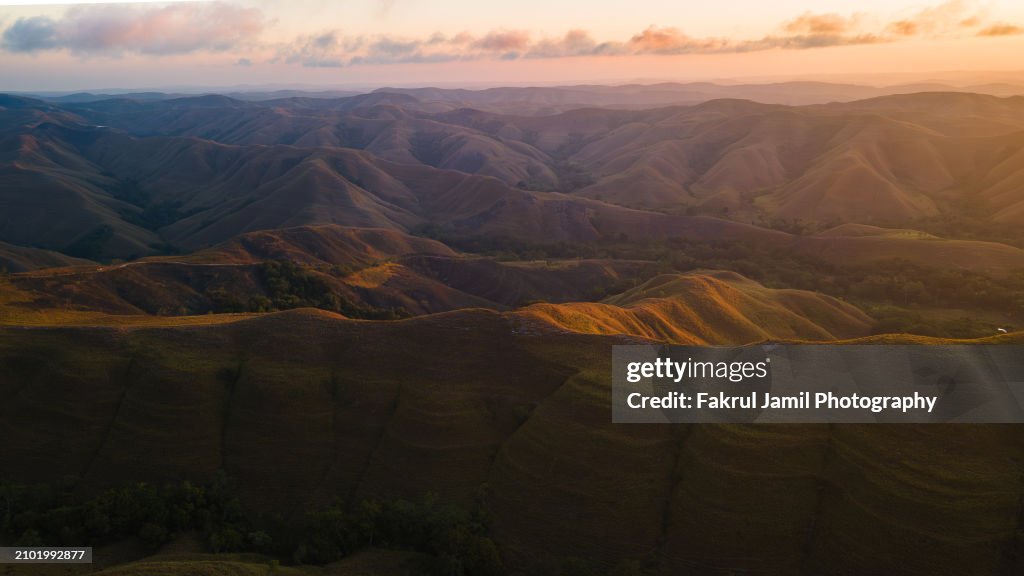 Aerial sunset view at Wairinding Hills, Sumba in East Nusa Tenggara