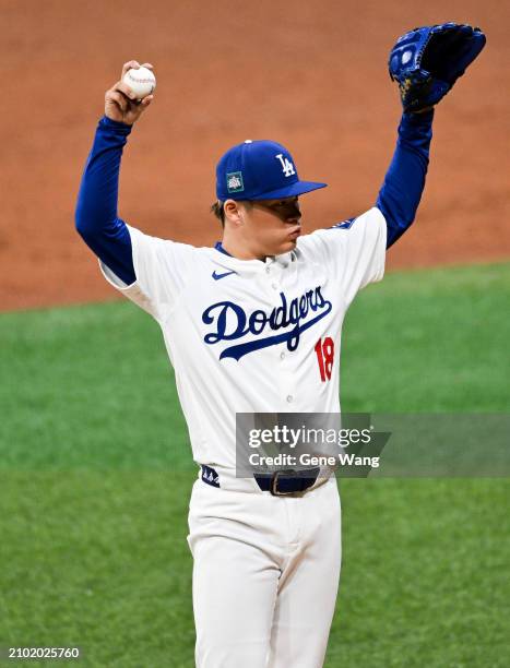 Yoshinobu Yamamoto of Los Angeles Dodgers pitches in the top of the first inning during the 2024 Seoul Series game between Los Angeles Dodgers and...