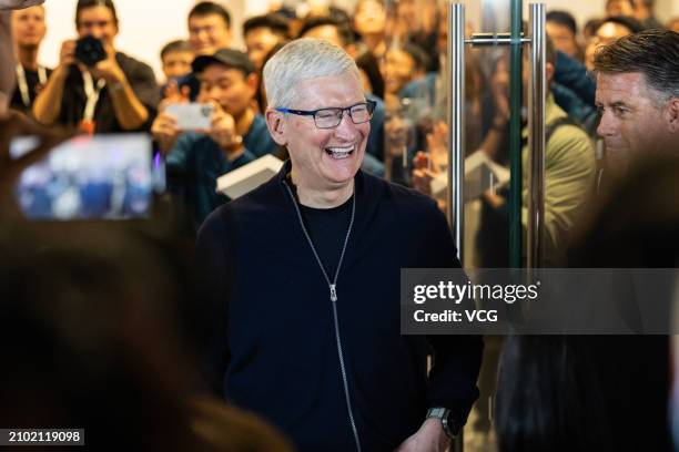 Tim Cook, chief executive officer of Apple Inc., arrives for opening ceremony of the new Apple Jing'an store on March 21, 2024 in Shanghai, China....