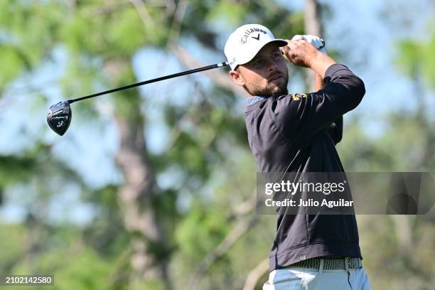 Adam Svensson of Canada hits his shot on the 6th tee during the first round of the Valspar Championship at Copperhead Course at Innisbrook Resort and...