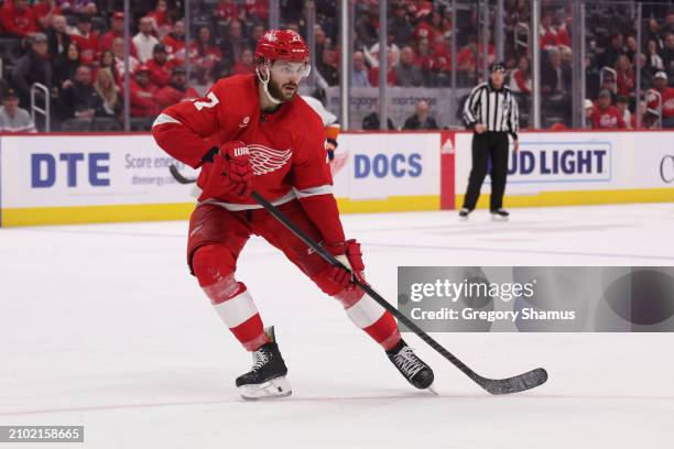 Michael Rasmussen of the Detroit Red Wings plays against the New York Islanders at Little Caesars Arena on February 29, 2024 in Detroit, Michigan.