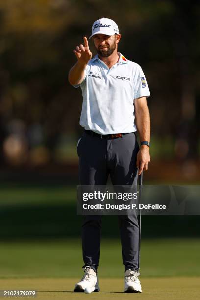 Cameron Young of the United States lines up his putt on the 16th green during the first round of the Valspar Championship at Copperhead Course at...