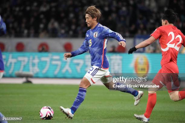 Hidemasa Morita of Japan in action during the FIFA World Cup Asian 2nd qualifier match between Japan and North Korea at National Stadium on March 21,...