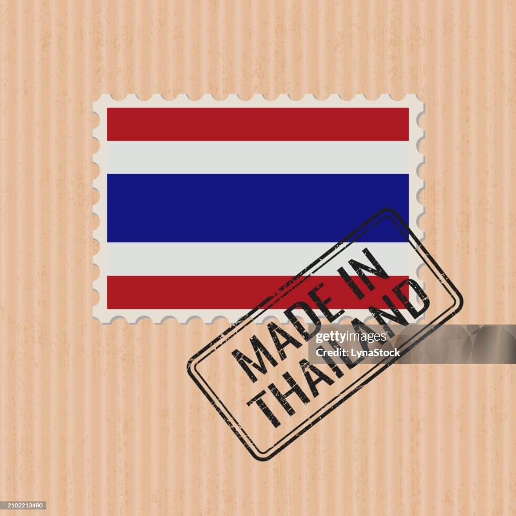 Made in Thailand badge vector. Sticker with Thai national flag. Ink stamp isolated on paper background.