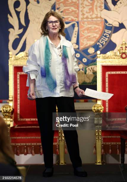 Actress Frances Tomelty during a spoken word performance, part of the Northern Ireland: Poets and Their Place, an event attended by Queen Camilla,...