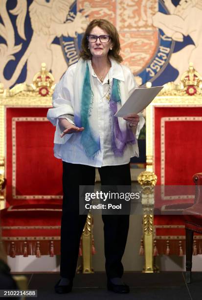 Actress Frances Tomelty during a spoken word performance, part of the Northern Ireland: Poets and Their Place, an event attended by Queen Camilla,...