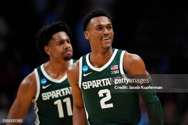 Tyson Walker of the Michigan State Spartans reacts against the Mississippi State Bulldogs during the first half in the first round of the NCAA Men's...