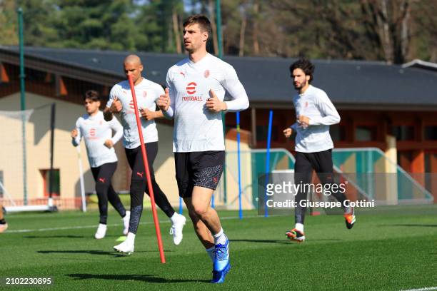 Matteo Gabbia of AC Milan looks on during an AC Milan Training Session at Milanello on March 21, 2024 in Cairate, Italy.