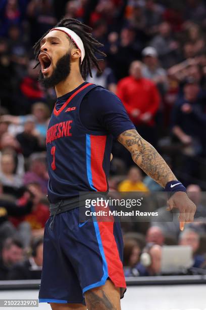 Dae Dae Grant of the Duquesne Dukes reacts during the game against the Brigham Young Cougars in the first round of the NCAA Men's Basketball...
