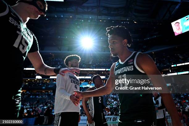 Hoggard of the Michigan State Spartans is reacts during player introductions before a basketball game against the Mississippi State Bulldogs at...