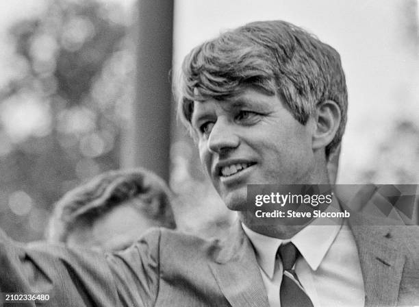 Senator and forrmer Attorney General Robert F Kennedy waves during a presidential campaign rally on Olvera Street at the El Pueblo de Los Angeles...