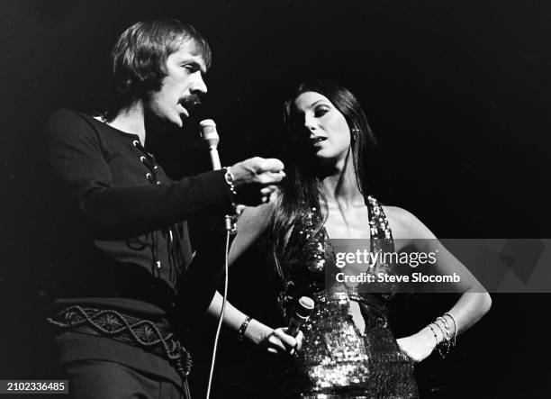 View of married American entertainers, singers Sonny Bono and Cher , perfoming as the duo Sonny & Cher, at the 7-Up Showcase Theater at the Magic...