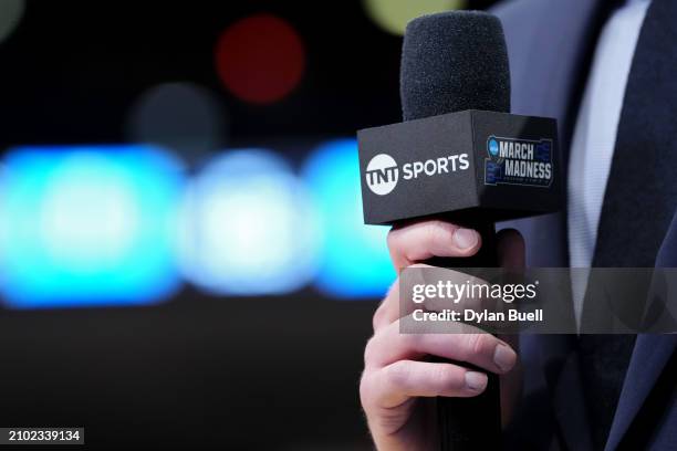 Detail view of a TNT microphone before the game between the Colorado Buffaloes and the Boise State Broncos in the First Four game of the NCAA Men's...