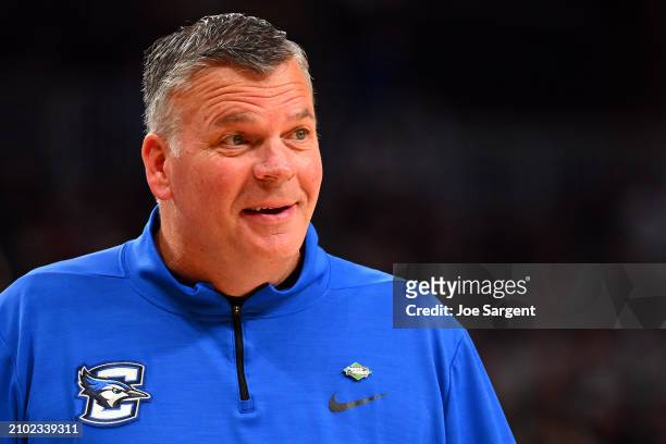 Head coach Greg McDermott of the Creighton Bluejays looks on in the first half against the Akron Zips in the first round of the NCAA Men's Basketball...