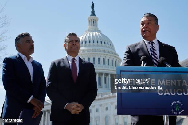 Senate Mental Health Caucus co-chair Sen. Alex Padilla speaks during a news conference with U.S. Health and Human Services Secretary Xavier Becerra...