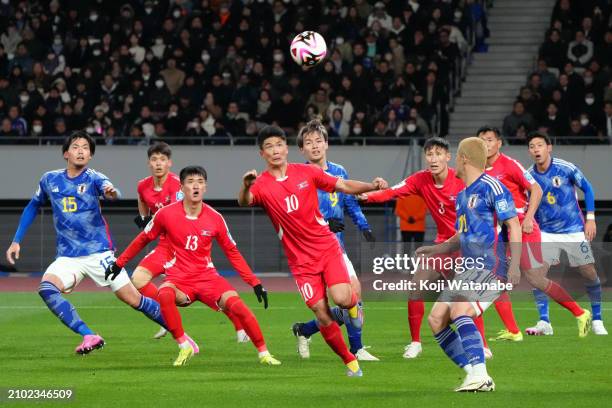 Han Kwang Song of North Korea in action during the FIFA World Cup Asian 2nd qualifier match between Japan and North Korea at National Stadium on...