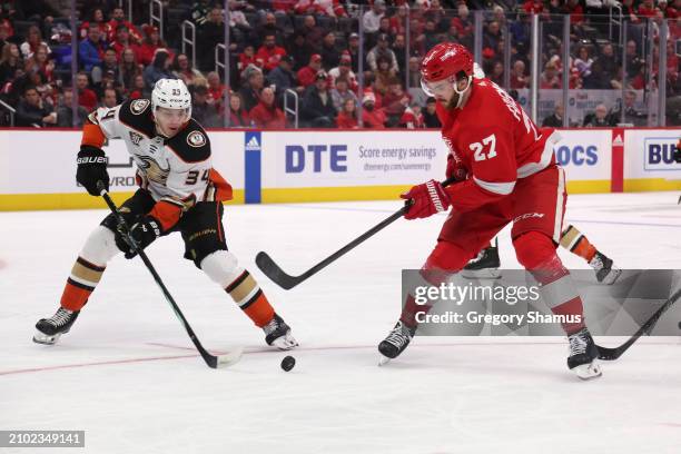 Michael Rasmussen of the Detroit Red Wings plays against the Anaheim Ducks at Little Caesars Arena on December 18, 2023 in Detroit, Michigan.