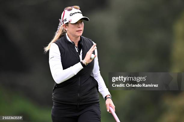 Paula Creamer of the United States reacts to a putt on the 11th hole during the first round of the FIR HILLS SERI PAK Championship at Palos Verdes...