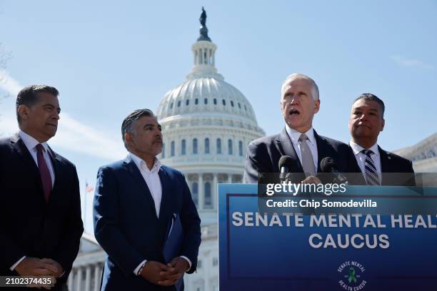 Sen. Thom Tillis speaks during a news conference with U.S. Health and Human Services Secretary Xavier Becerra, Rep. Tony Cardenas and fellow Senate...