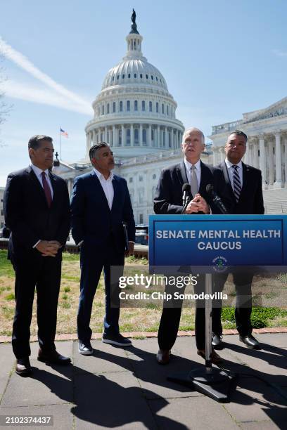 Sen. Thom Tillis speaks during a news conference with U.S. Health and Human Services Secretary Xavier Becerra, Rep. Tony Cardenas and fellow Senate...