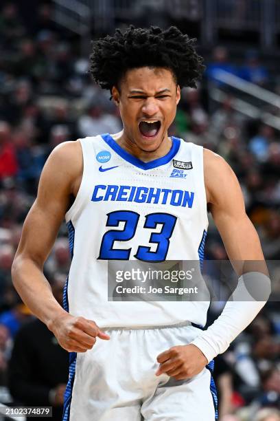 Trey Alexander of the Creighton Bluejays reacts in the first half against the Akron Zips in the first round of the NCAA Men's Basketball Tournament...