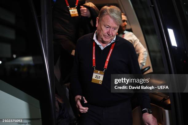 Age Hareide, Head Coach of Iceland, arrives at the stadium prior to the UEFA EURO 2024 Play-Offs semifinal match between Israel and Iceland at Szusza...